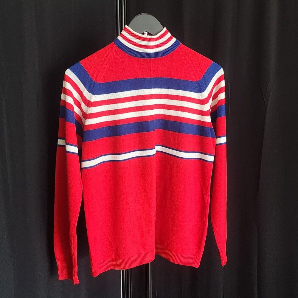 Vintage Retro Ski Sweater - Red with Blue/White Stripes - Mock Neck Pullover